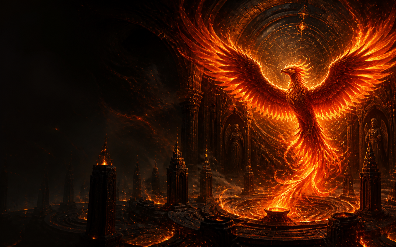 A fire phoenix rising inside an ancient fantasy archive