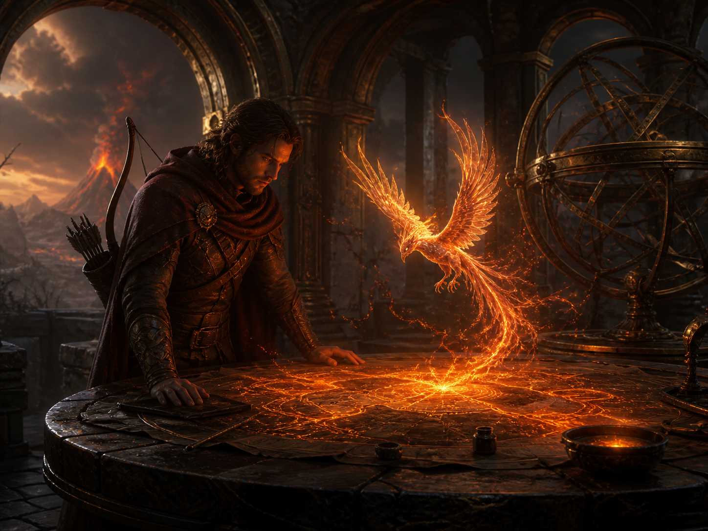 A ranger studies a glowing ember map with a spectral phoenix